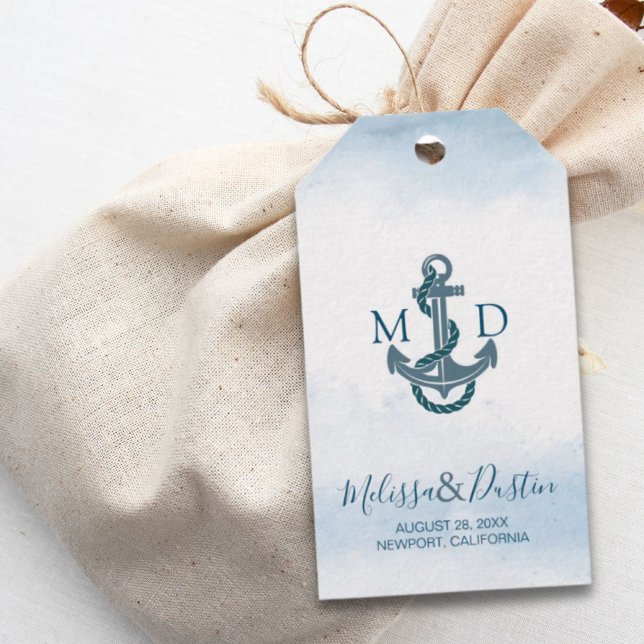 Blå vattenfärgsfästpunkt Nautisk Bröllop Presentetikett (Blue Watercolor Beach Anchor Nautical Wedding Gift Tags
)