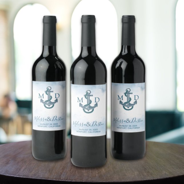 Blå vattenfärgsfästpunkt Nautisk Bröllop Vinflaska Etikett (Blue Watercolor Beach Anchor Nautical Wedding Wine Label)