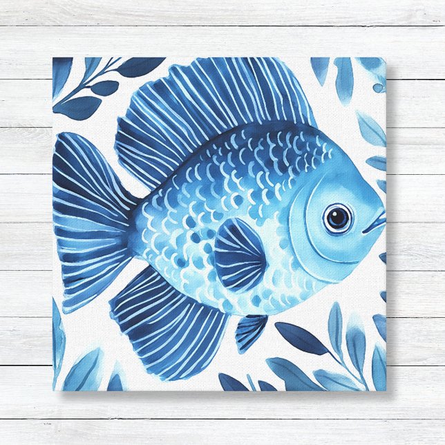 Blå vattenfärgsfiskekustorkare Canvas (Blue Watercolor Fish and Seaweed - Coastal Beach House and Bathroom Wall Art Canvas)