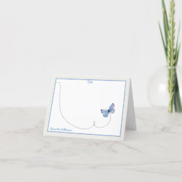 Blå vattenfärgsfjäril, monogram, mappad tack kort