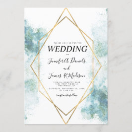 blå vattenfärgsgeometri guld ram bröllop inbjudningar