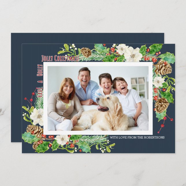 Blå vattenfärgsjul Jul Holly Jolly Blommigt Inbjudningar (Fram/baksida)