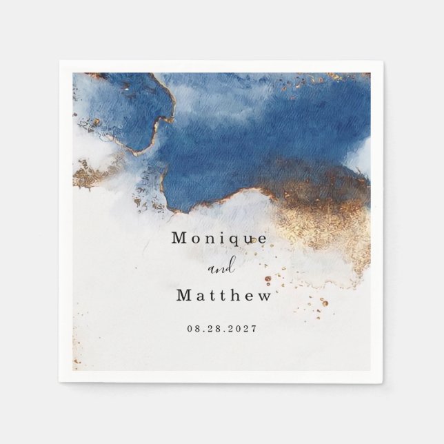 Blå vattenfärgskoppel Guld Agate Bröllop Pappersservett (Framsidan)
