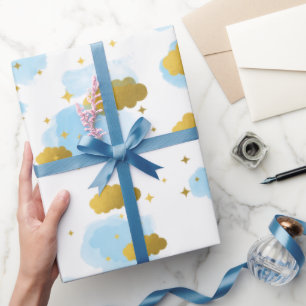 Blå vattenfärgsmoln Guld Stars Himlar Presentpapper