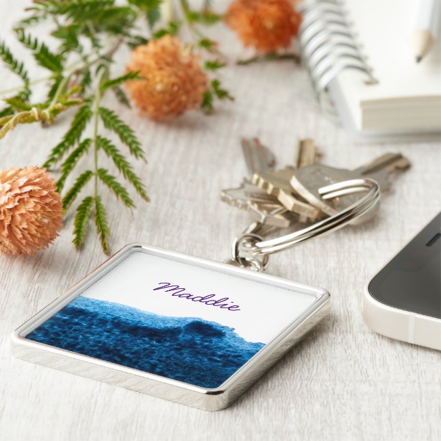 Blå vattenfärgsönskan i flottan fyrkantig silverfärgad nyckelring (Sidan)