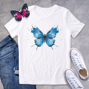 Blå vattenfärgsplatterfluga t shirt