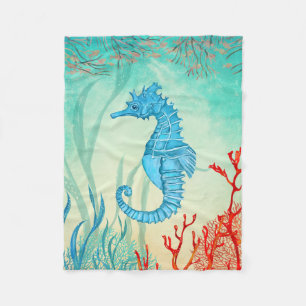 Blå vattenfärgsseahorsa fleecefilt