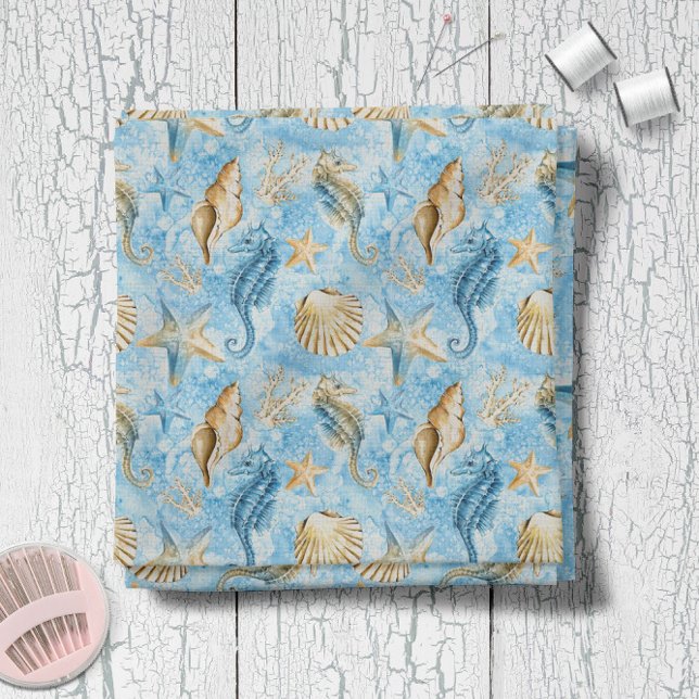 Blå vattenfärgssjöhästar Starfish Mönster Tyg (Blue Watercolor Seahorses Starfish Pattern Fabric -- Chose from 7 fabric types!)