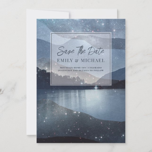 Blå vattenfärgsskogarna Mountain Sjö Spara Datumet (Framsida)