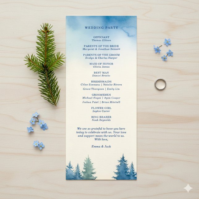 Blå vattenfärgsskogens moderna natur Bröllop Program (Green and blue pine trees wedding program.)