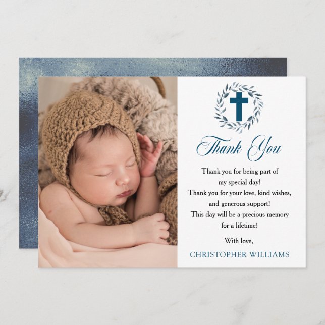 Blå vattenfärgsutandningspojke Foto Baptism Tack (Fram/baksida)