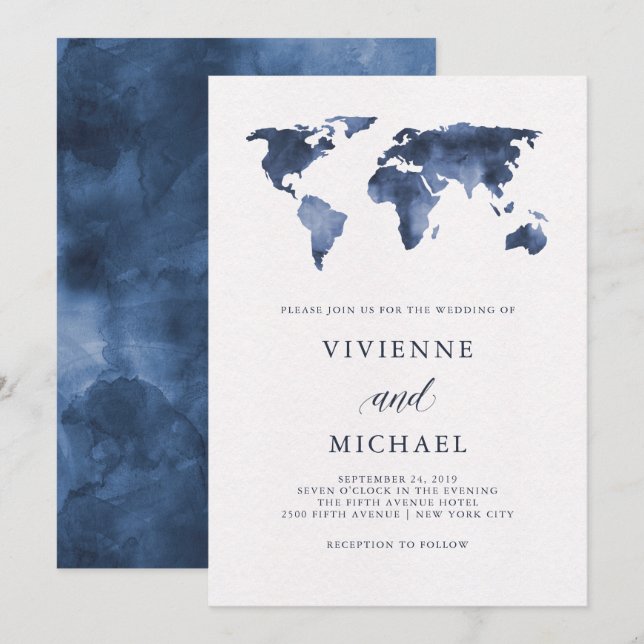 Blå vattenfärgsvärldskarta | BRÖLLOP Inbjudningar (Fram/baksida)