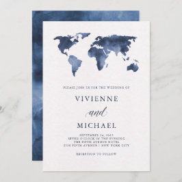 Blå vattenfärgsvärldskarta | BRÖLLOP Inbjudningar