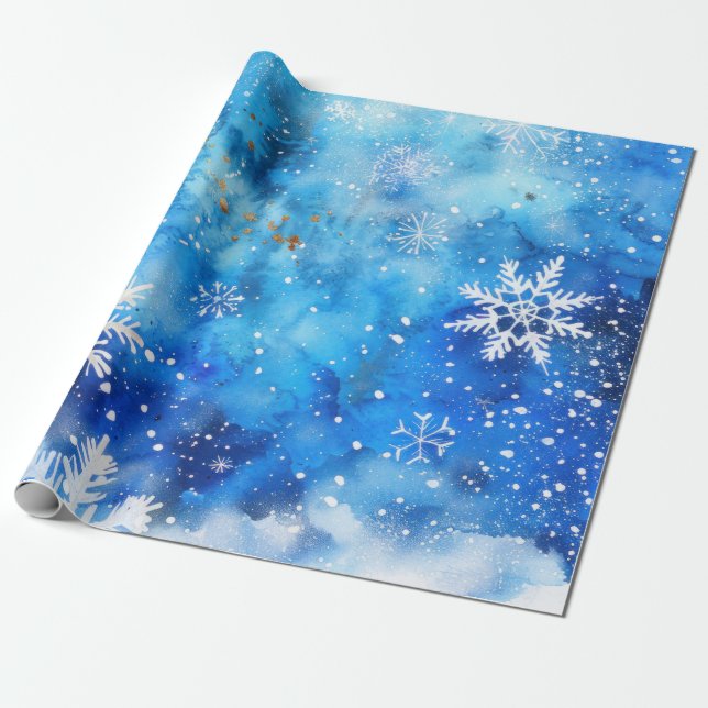 Blå vattenfärgsvinter Snöflingor Presentpapper (Utrullad)