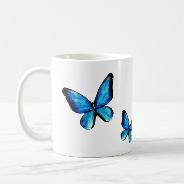 Blå vattenfjärilsvattenfärg kaffemugg (Vänster)