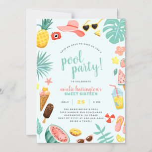 Blå Vattenmelon Pineapple Tropical Bassäng Party Magnetisk Inbjudningskort