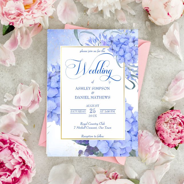 Blå vattenområden, elegant blommigt bröllop inbjudningar (Blue hydrangeas elegant floral wedding invitation template)