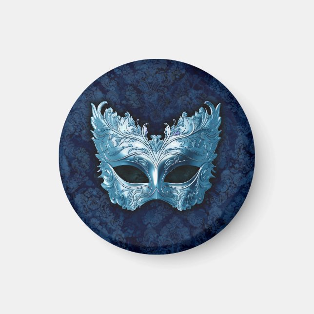Blå venetiansk mask på blå damastbakgrund magnet (Framsidan)