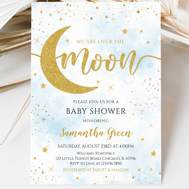 Blå Vi är över månen Baby Shower Inbjudningar (Skapare uppladdad)