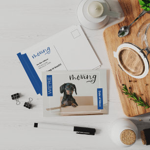 Blå Vi flyttar Dachshund Hund i låda vykort