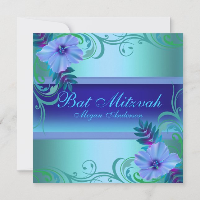 Blå Vibrant Blomster Bat Mitzvah Inbjudan (Framsida)