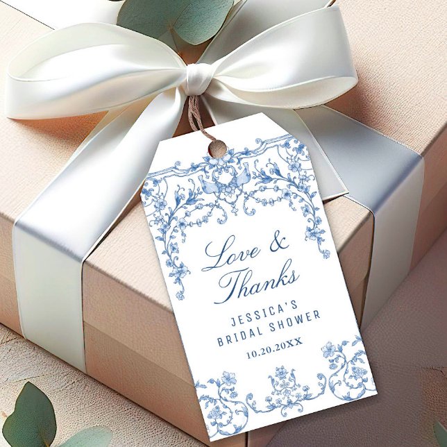 Blå Viktoriansk Utbroderad Elegans Blommig Bröllop Presentetikett (Skapare uppladdad)