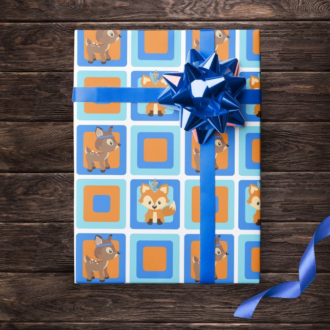 Blå Vild 1 Skogsskövling Papper Presentpapper (Adorable Woodland Animal Wrapping Paper in of Blue, Orange and Brown. Features a Fox and Deer)