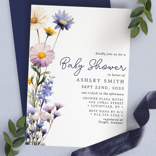 Blå vild blomma boho akvarell baby shower inbjudningar (Skapare uppladdad)