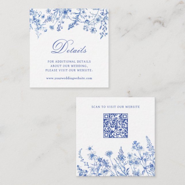 Blå Vilda Blommor Bröllopsdetaljer Webbplats QR-ko Tilläggskort (Fram/baksida)