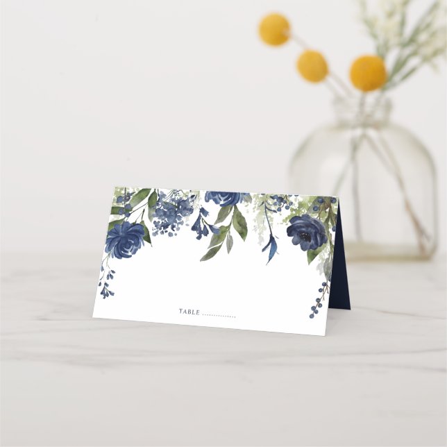 Blå vilda blommor och grönska bröllop placeringskort (Framsida)