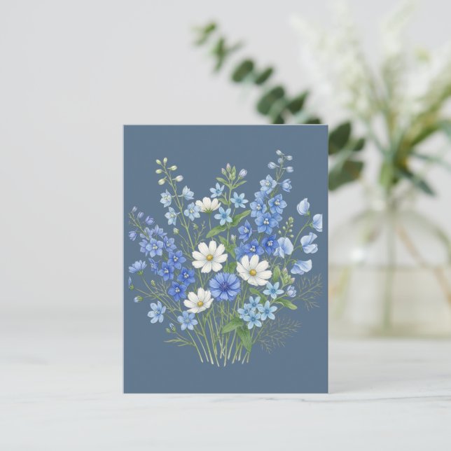 Blå vildblombukett botanisk illustration  vykort (Stående Fram)