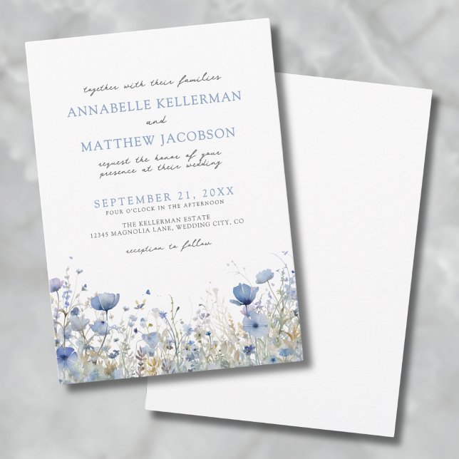 Blå Vildblomma Akvarell Blommig Bröllop Inbjudningar (Botanical Wildflower Watercolor Floral Wedding Invitation)