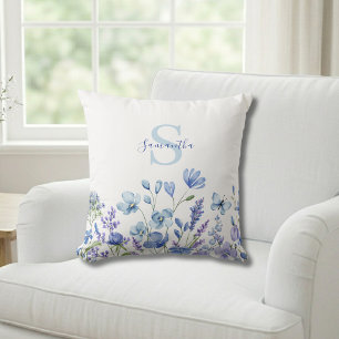 Blå Vildblomma Akvarell Monogram Namn Kudde