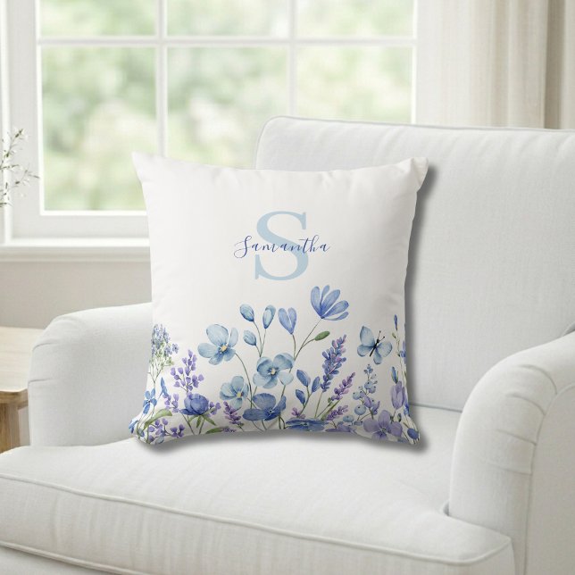  Blå Vildblomma Akvarell Monogram Namn  Kudde (Skapare uppladdad)