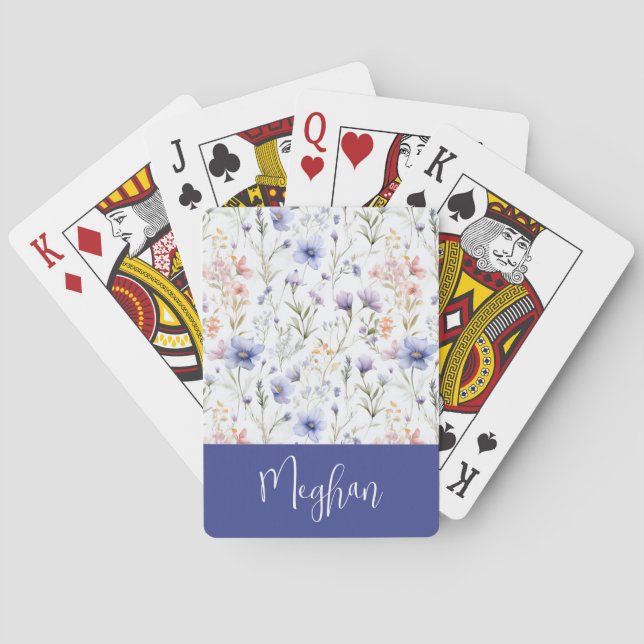 Blå Vildblomma Akvarell Namn Monogram Casinokort (Baksidan)