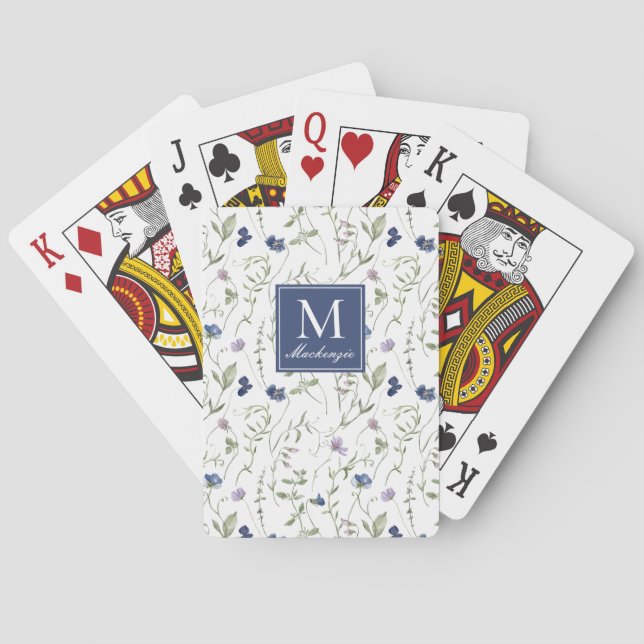 Blå vildblomma akvarellmonogramnamn casinokort (Baksidan)
