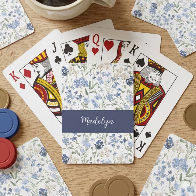 Blå vildblomma akvarellmonogramnamn casinokort (Skapare uppladdad)