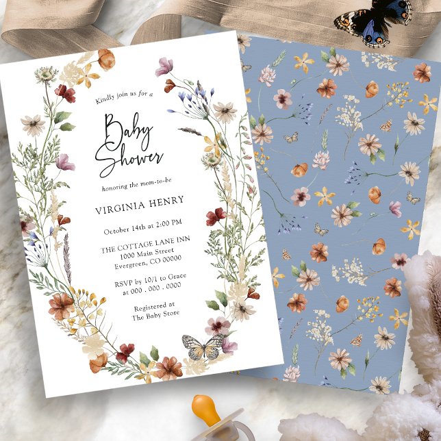 Blå Vildblomma Bebisdopp Inbjudan (Dusty Blue Wildflower Boho Baby Shower Invitation by Painted Paperie
)