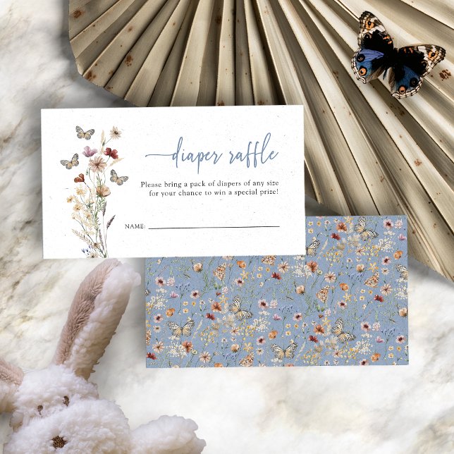 Blå Vildblomma Blöja Lotteri Tilläggskort (Dusty Blue Boho Wildflower Diaper Raffle Enclosure Card by Painted Paperie
)