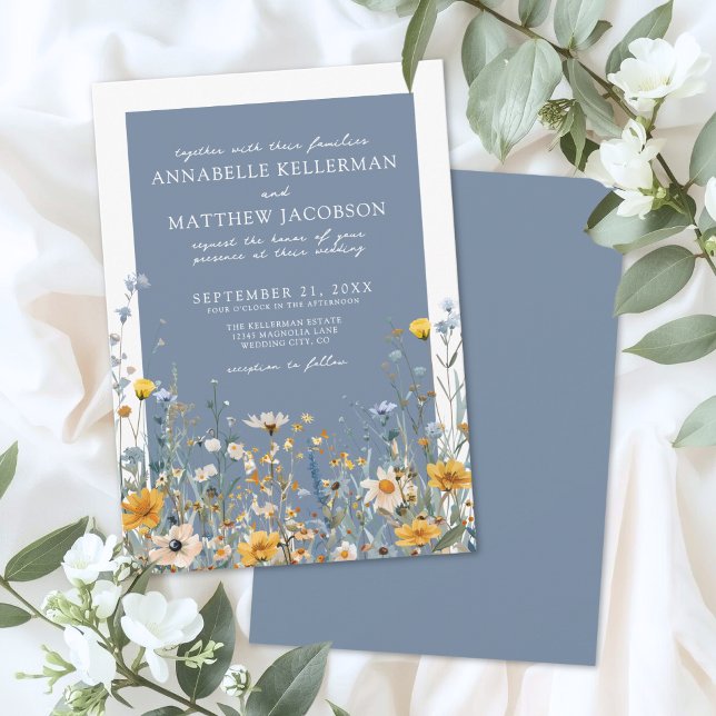 Blå Vildblomma Blommig Bröllop Inbjudningar (Blue Wildflower Floral Wedding Invitation)