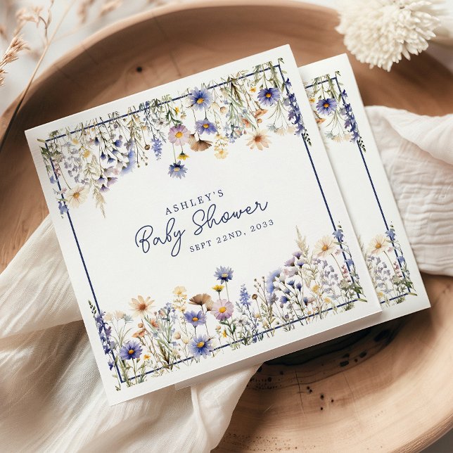 Blå Vildblomma Boho Akvarell Baby Shower Pappersservett (Skapare uppladdad)