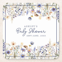 Blå Vildblomma Boho Akvarell Baby Shower Underlägg Papper Kvadrat