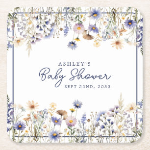Blå Vildblomma Boho Akvarell Baby Shower Underlägg Papper Kvadrat