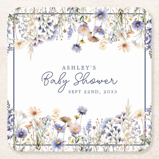 Blå Vildblomma Boho Akvarell Baby Shower Underlägg Papper Kvadrat (Framsidan)