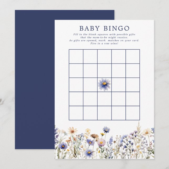 Blå Vildblomma Boho Baby Shower Bingo Spel Inbjudningar (Fram/baksida)