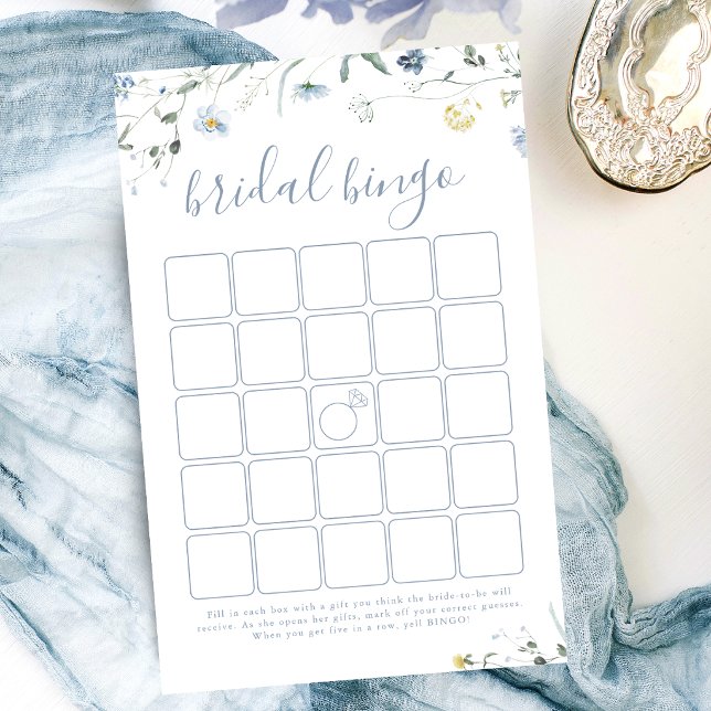 Blå vildblomma Boho bröllopsdusch bingo spel (Blue Wildflower Boho bridal shower bingo game)