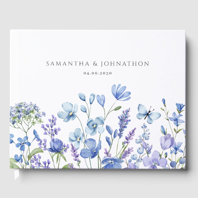 Blå Vildblomma Bröllop Gästböcker (Framsida)