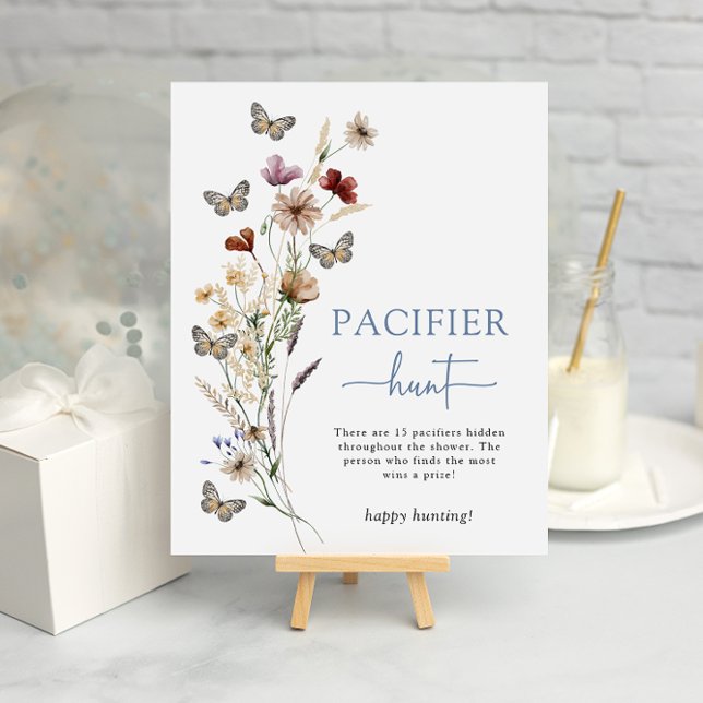 Blå Vildblomma Nappflaska Poster (Dusty Blue Wildflower Pacifier Hunt Game Poster with Butterflies by Painted Paperie
)