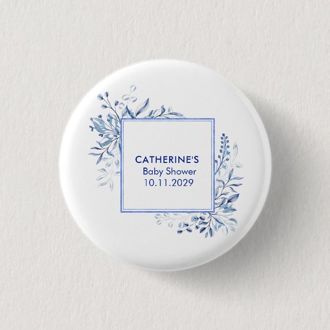 Blå vildblomma ram baby shower knapp (Framsida)