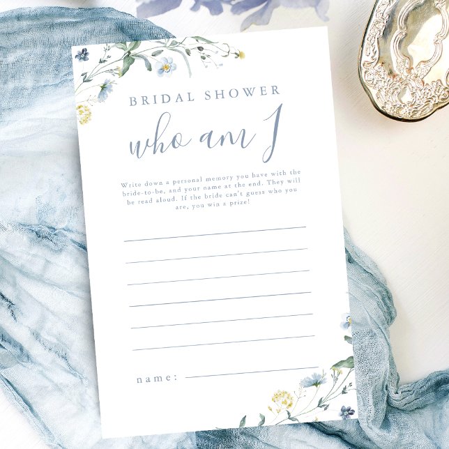 Blå vildblomma vem är jag bröllopsdusch spel (Blue Wildflower who am I bridal shower game)